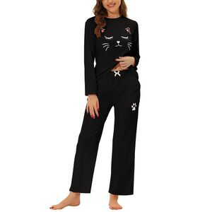 Womens Pajamas Set Nightwear Lounge Cute Cat Long Sleeve Sleepwear Black